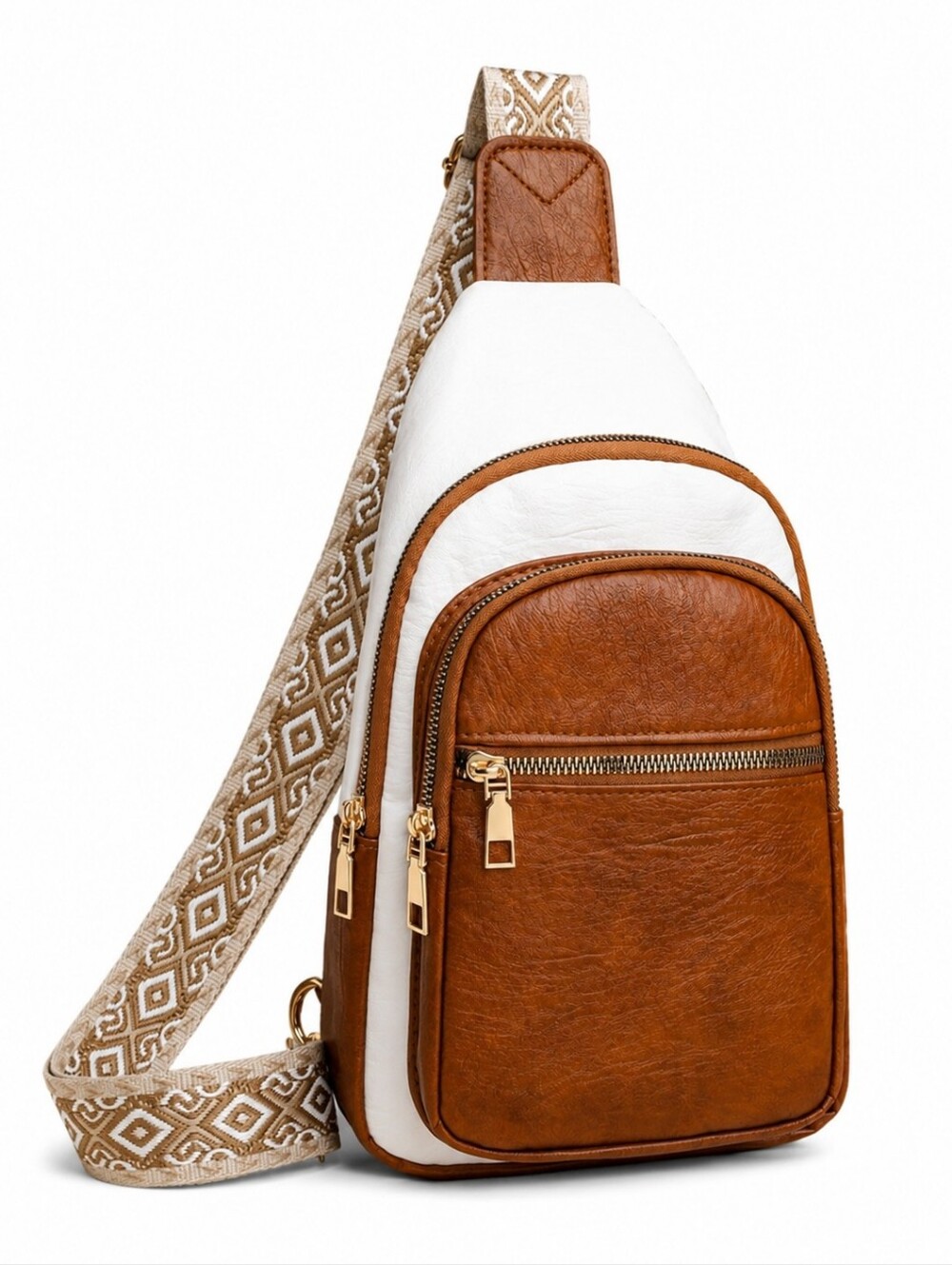 Women's Bohemian White Brown Faux Leather Sling Crossbody Bag Woven Strap NWOT